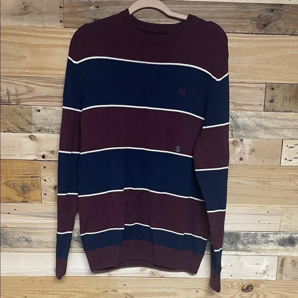 Chaps size Large Maroon, White, and Navy Stripe Soft Stretchy Crewneck Sweater